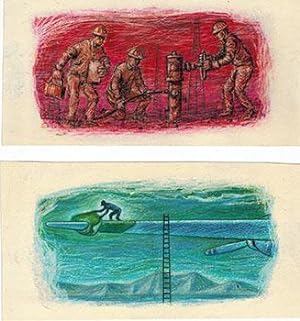 Four Original oil crayon drawings by Earl Thollander for the Standard Oil Bulletin.
