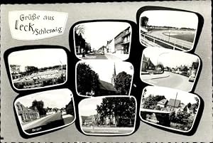 Seller image for Ansichtskarte / Postkarte Leck in Nordfriesland, Schwimmbad, Hauptstrae, Stadion, Kirche, Bergstrae, Birkstrae for sale by akpool GmbH