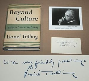 Seller image for BEYOND CULTURE: ESSAYS ON LITERATURE AND LEARNING - Rare Fine Review Copy of The First Hardcover Edition/First Printing: With Souvenir Card Signed And Inscribed by Lionel Trilling - ONLY SIGNED COPY ONLINE for sale by ModernRare