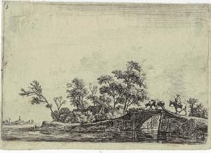 Antique print, etching | A rider and flock on a bridge, published ca. 1680, 1 p.