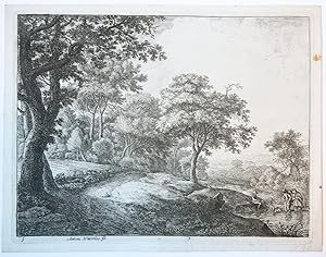 Antique print, etching | A man and a woman crossing a water stream, published ca. 1680, 1 p.