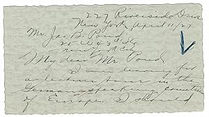 Seller image for AUTOGRAPH LETTER SIGNED BY CHILDREN'S AUTHOR AND MONTESSORI EDUCATOR RITA KISSIN ASKING JAMES B. POND IF GERMAN LECTURE AGENTS HAVE NEW YORK REPRESENTATIVES. for sale by Blue Mountain Books & Manuscripts, Ltd.