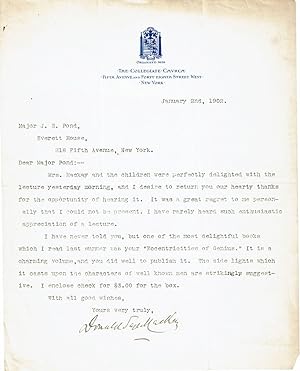 Seller image for TYPED LETTER SIGNED BY THE REV. DONALD SAGE MACKAY, PASTOR OF ST. NICHOLAS COLLEGIATE CHURCH, THANKING MAJOR POND FOR LECTURE TICKETS AND PRAISING POND'S BOOK. for sale by Blue Mountain Books & Manuscripts, Ltd.
