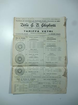 Ditta G. B. Ghiglietti. Torino. Forniture ed utensilerie per orologiai, orefici. Tariffa vetri.Ca...