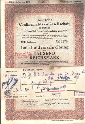 Deutsche Continental - Gas - Gesellschaft zu Dessau Teilschuldverschreibung über 1000 Reichsmark