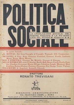 POLITICA sociale. Direttore Renato Trevisani. Anno I 1929, Num. 9. Dicembre 1929.