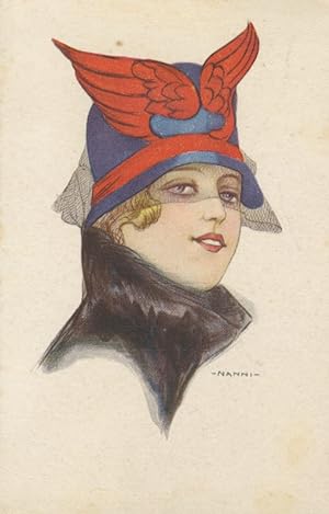 Bella cartolina illustrata a colori da Giovanni Nanni: volto di giovane donna bionda che indossa ...