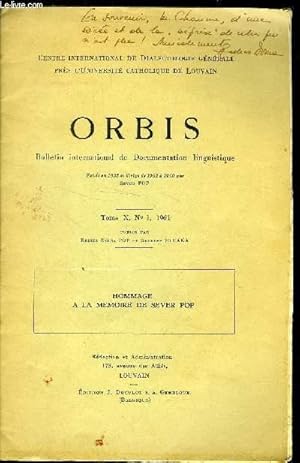 Bild des Verkufers fr ORBIS - BULLETIN INTERNATIONAL DE DOCUMENTATION LINGUISTIQUE TOME X N 1 1961 zum Verkauf von Le-Livre