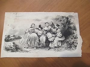 Five Girls At Play In Gardens, Spanking :Original Antique Lithograph