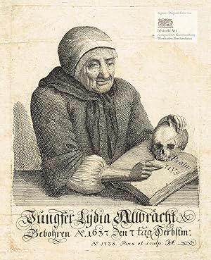 Jungfer Lydia Allbraecht. Gebohren Ao 1637 den 7 tag Herbstm: Ao 1738. Pinx et sculp JVH. Halbfig...
