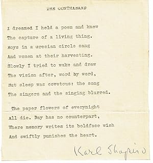 Imagen del vendedor de TYPED POEM "THE CONTRABAND" SIGNED BY AMERICAN POET AND PULITZER PRIZE-WINNER KARL SHAPIRO. a la venta por Blue Mountain Books & Manuscripts, Ltd.