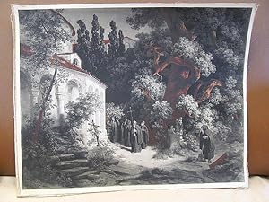 Priesterprozession im Eichenwald. Teilkolorierte Lithographie von A.C.Haun, gedruckt bei W.Kornim...