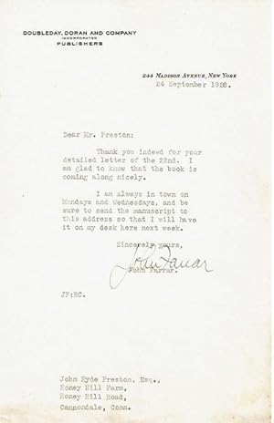 Imagen del vendedor de TYPED LETTER TO JOHN HYDE PRESTON SIGNED BY PUBLISHER JOHN C. FARRAR REFERRING TO PRESTON'S "A GENTLEMAN REBEL: THE EXPLOITS OF ANTHONY WAYNE". a la venta por Blue Mountain Books & Manuscripts, Ltd.