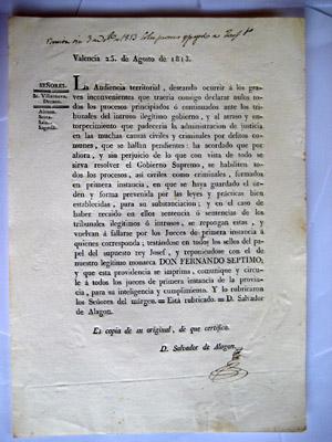 Imagen del vendedor de Documento - Document : PROVIDENCIA de la Audiencia Territorial a todos los Jueces de Primera Instancia. Fernando Septimo. 1813 a la venta por LIBRERA MAESTRO GOZALBO