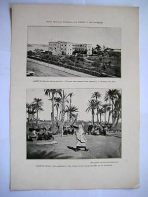 Antigua Lámina - Old Sheet : JARTUM (Sudán Anglo-Egipcio)- Palacio del Gobernador y Una Aldea