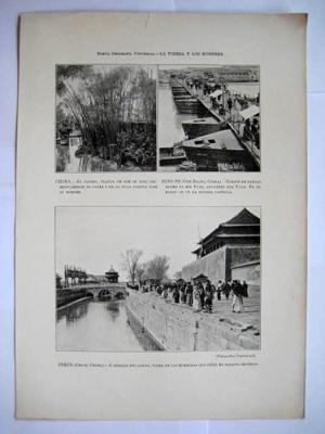 Antigua Lámina - Old Sheet : CHINA: PEKÍN, a orillas del Canal; NING-PO, puente de barcas