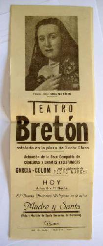 Cartel - Poster : TEATRO BRETÓN en TORO. Angelines García, Santiago Colom, PEDRO MARCET.
