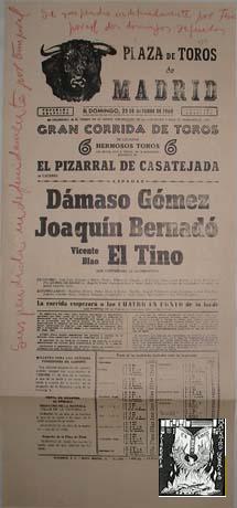 CARTEL PLAZA DE TOROS DE MADRID, 23 Octubre de 1960