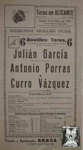 CARTEL PLAZA DE TOROS DE ALICANTE Novillada Picada, 31 mayo 1969