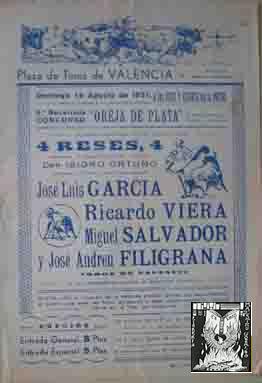 CARTEL PLAZA DE TOROS DE VALENCIA, 19 Agosto 1951