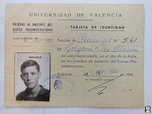 Antigua Tarjeta - Old Card : TARJETA DE IDENTIDAD. Pruebas de Madurez del Curso Preuniversitario