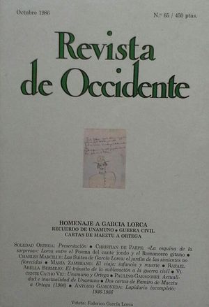 REVISTA DE OCCIDENTE Nº 065 - OCTUBRE 1986 - HOMENAJE A GARCÍA LORCA - RECUERDO DE UNAMUNO - GUER...