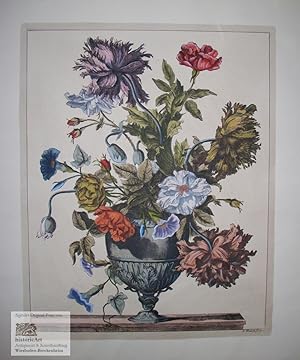 Blumenbouquet in einer antiken Vase. Großer Faksimile-Reprint eines Kupferstichs von J. Batiste