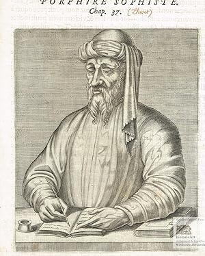 Porphire Sophiste. Brustbild des antiken Philosophen mit Turban beim Schreiben in ein Buch. Kupfe...