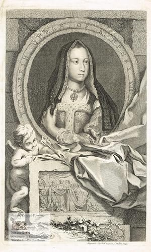 Elizabeth Queen of K. Henry VII. Brustbild mit Perlenkette und Kreuz und Kopftuch nach viertel re...