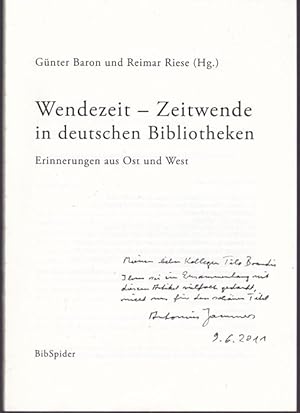 Immagine del venditore per Von Band zu Band ein Glcksgefhl des Wiederfindens. Die Vereinigung der Sondersammlungen der Staatsbibliothek zu Berlin in den Jahren 1995 bis 1998. Sonderdruck. Vom Autor mit ausfhrlicher Widmung versehen venduto da Graphem. Kunst- und Buchantiquariat