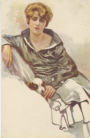 Bella cartolina illustrata a colori da Aleandro Terzi: una giovane dalla folta chioma bionda che ...