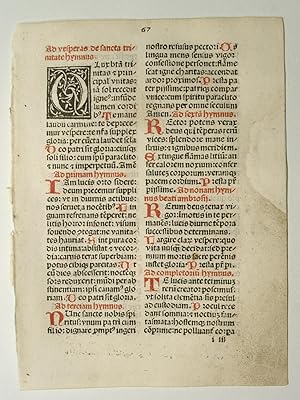 Bild des Verkufers fr Breviarium Augustanum. Blatt 67: Ad vesperas de sancta trinitate hymnus (GW 05267, HC 3794). zum Verkauf von Versandantiquariat Christine Laist