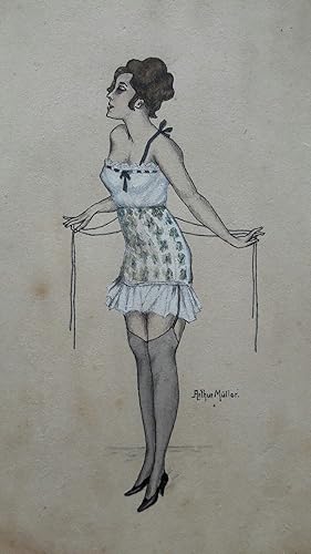 Dame, leicht frivole Szene - (altes Aquarell, signiert Arthur Müller / um 1910)