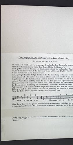 Bild des Verkufers fr Die Kanones Erbachs im Pommerschen Kunstschrank 1617; Sonderdruck aus: Die Musikforschung; zum Verkauf von books4less (Versandantiquariat Petra Gros GmbH & Co. KG)