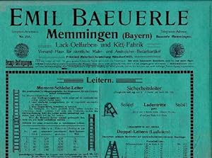 Emil Baeuerle, Memmingen. Lack-, Oelfarben- und Kitt-Fabrik. Werbeblatt auf grünlichem Papier. Mi...