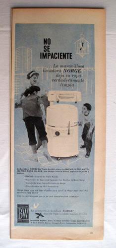 Antigua Hoja Publicidad Revista - Advertising Magazine Old Sheet : Lavadora NORGE. Año 1959