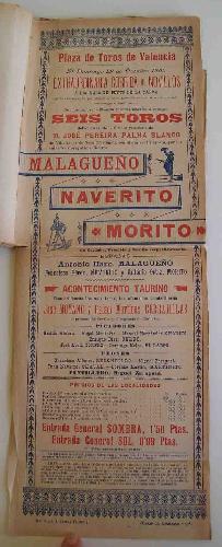 CARTEL Plaza de Toros de Valencia - octubre 1899 - Corrida de Novillos MALAGUEÑO, NAVERITO y MORITO