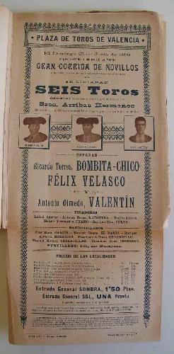 CARTEL Plaza de Toros de Valencia - junio 1899 - CORRIDA DE NOVILLOS : BOMBITA - CHICO, VELASCO y...