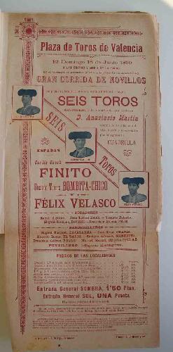 CARTEL Plaza de Toros de Valencia - junio 1899 - CORRIDA DE NOVILLOS: FINITO, BOMBITA - CHICO, VE...