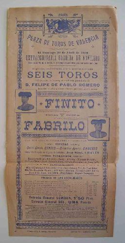 CARTEL Plaza de Toros de Valencia - Abril 1899 - FINITO Y FABRILO
