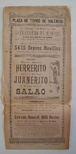 CARTEL Plaza de Toros de Valencia - mayo 1899, Corrida de Novillos : HERRERITO, JUANERITO Y SALAO