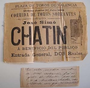 CARTEL Plaza de Toros de Valencia - Julio 1899 - CORRIDA de Toros Sobrantes : JOSÉ SIMÓ CHATÍN