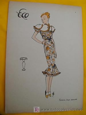 Antigua lámina de moda años 30 Figurín - Old 30's fashion plate : Fantasía. Cloque estampado ECO Nº1