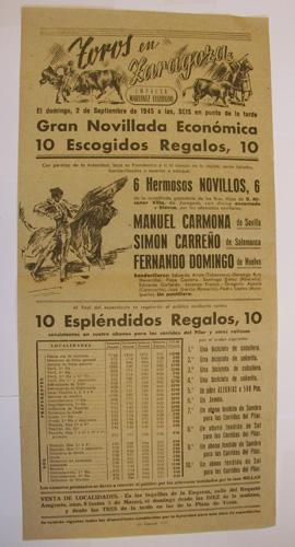 Cartel - Poster : Plaza Toros Zaragoza - M.CARMONA, S.CARREÑO, F.DOMINGO - 2 Septiembre 1945