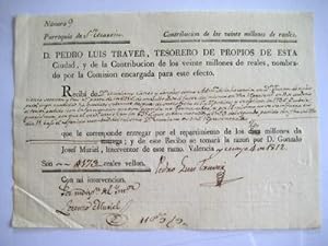 Documento - Document : PEDRO LUIS TRAVER Recibe de Mariano Canet. Contribución de los veinte mill...