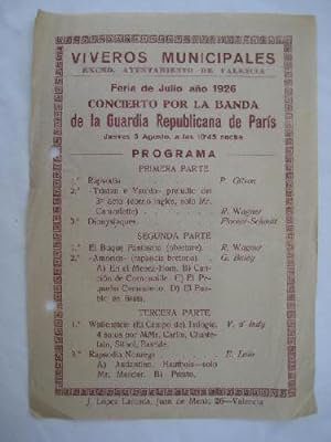 Poster : CONCIERTO POR LA BANDA DE LA GUARDIA REPUBLICANA DE PARIS. Julio 1926. Viveros Municipal...