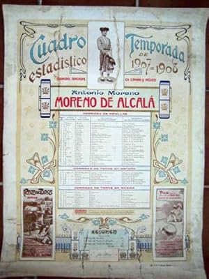 Antiguo Cartel Taurino - Old Poster : CUADRO ESTADÍSTICO TEMPORADA DE 1907 - 1908 de ANTONO MOREN...