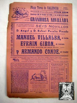 Poster : PLAZA DE TOROS DE VALENCIA 1960. Manuel VILLALBA, Efraín GIRÓN y Armando CONDE