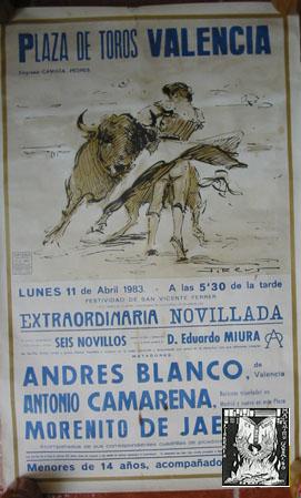 Imagen del vendedor de CARTEL TOROS. NOVILLADA: ANDRS BLANCO, ANTONIO CAMARENA, MORENITO DE JAN. GANADERA DE EDUARDO MIURA. a la venta por LIBRERA MAESTRO GOZALBO