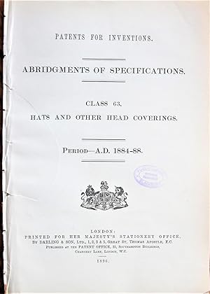 Bild des Verkufers fr Patents for Inventions. Abridgments of Specifications Class 63, Hats and Other Head Coverings zum Verkauf von Ken Jackson